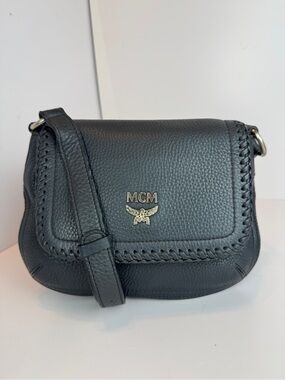 MCM Black Pebbled Leather Crossbody with Gold Logo
